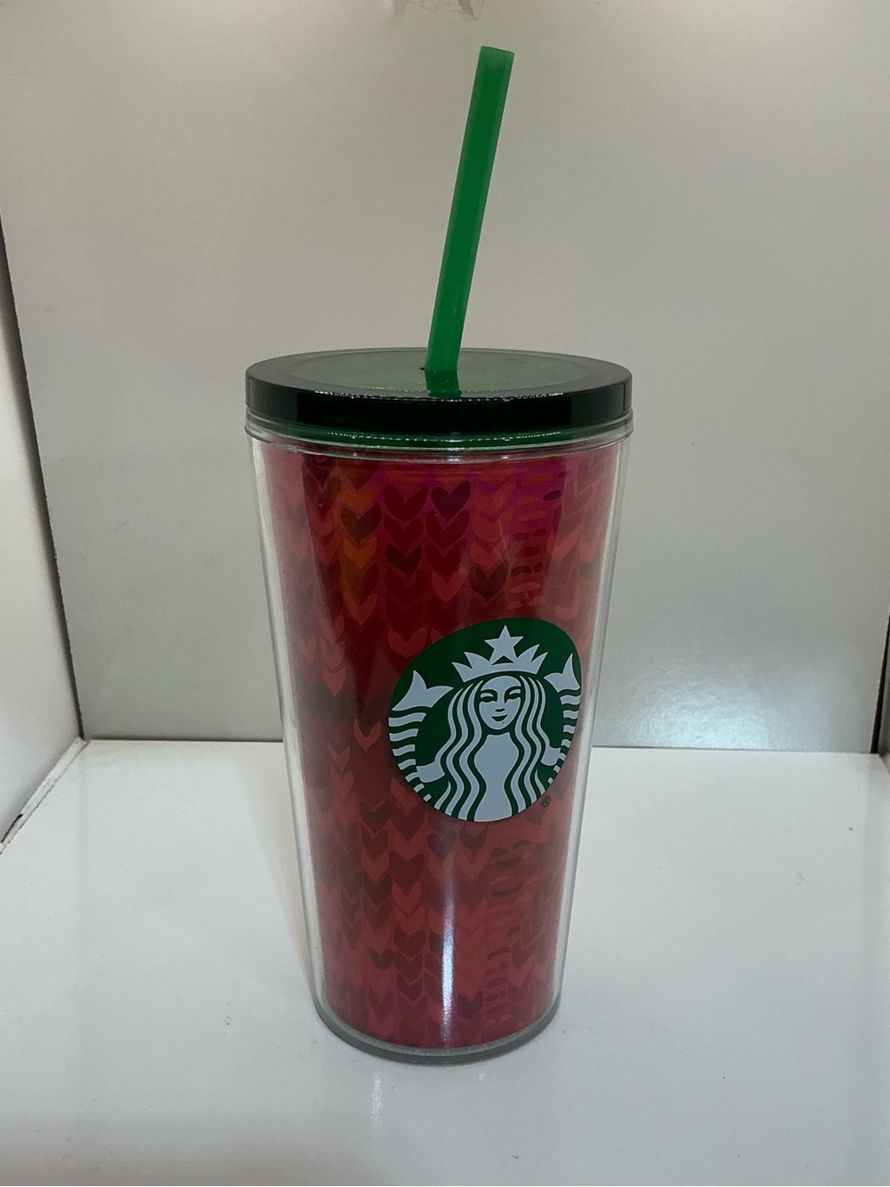 Starbucks Red Heart Pattern Tumbler with Green Lid and Straw